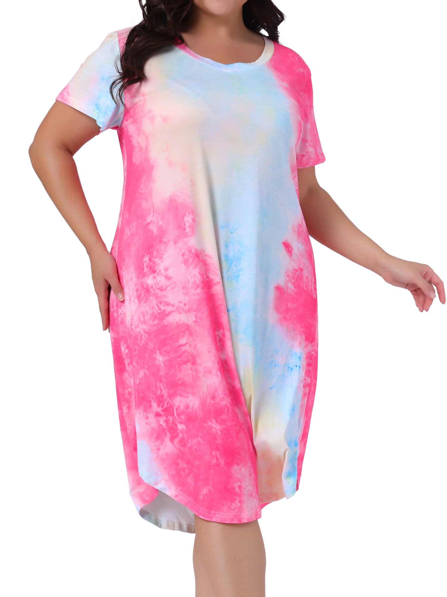 DARING DIVA Women's Plus V Neck Soft Tie Dye Short Sleeve Nightgown 4X Hot Pink