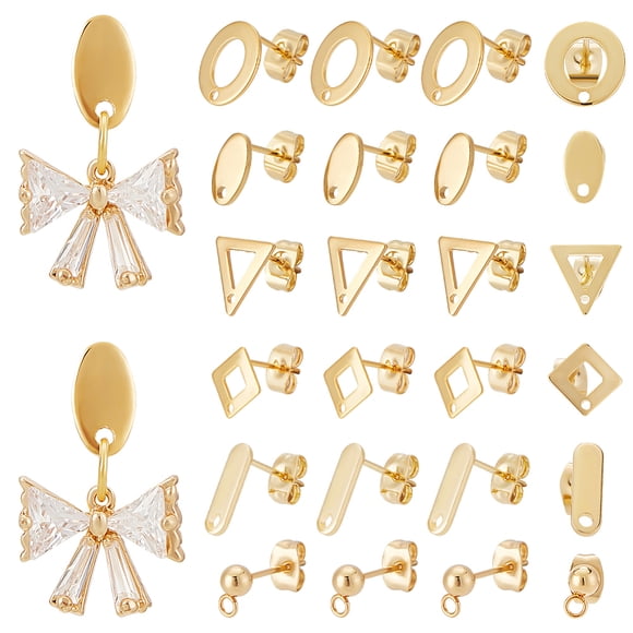 72pcs 6 Styles 24K Gold Plated Earring Posts Stainless Steel Stud Earring Findings Flat Round Rhombus Ball Stud Earring Posts with Loop and Ear Nuts for Jewelry Making