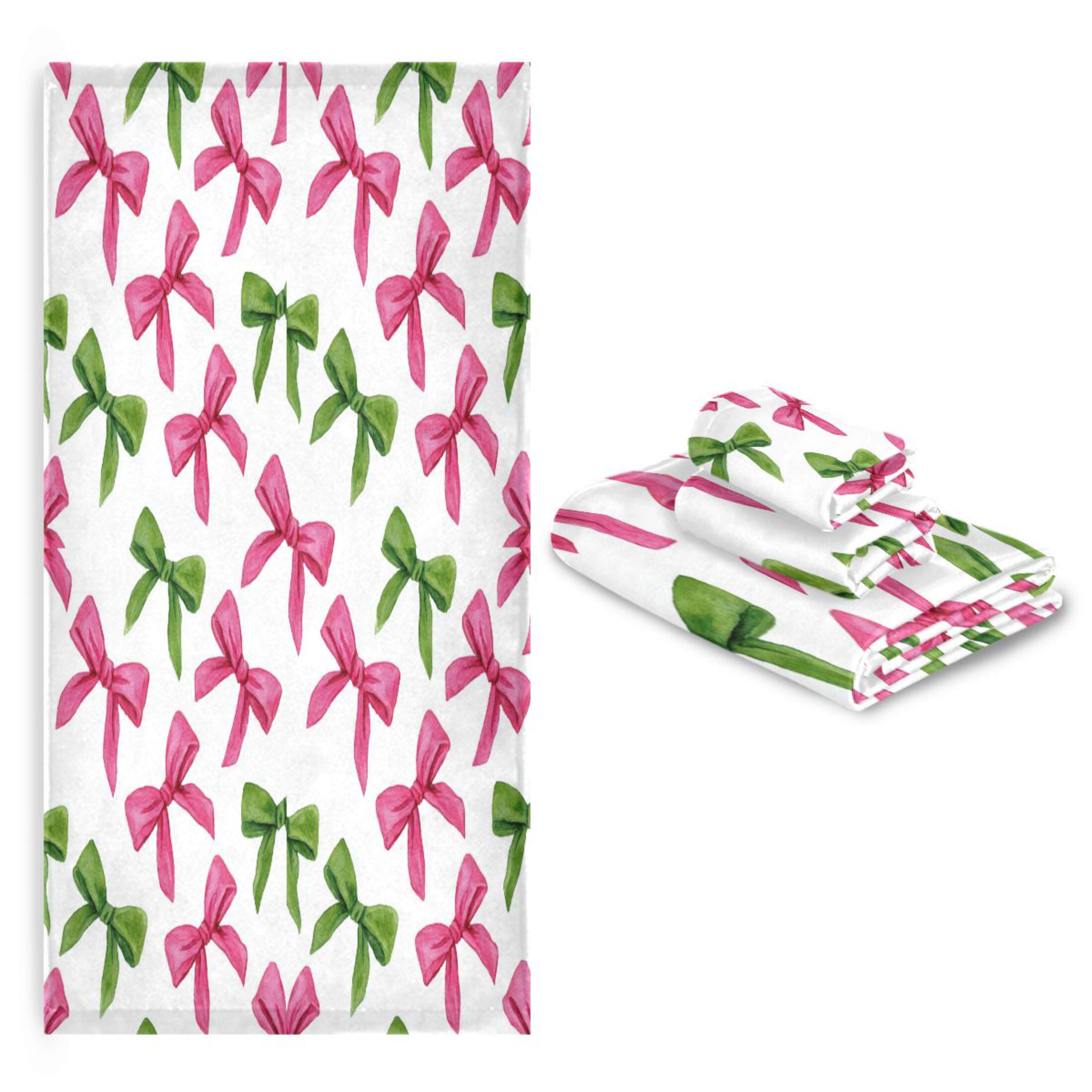 3 Piece Bath Towels Set Bath Towel, Hand Towel and Face Towel for Bathroom, Gym, Hotel Pink Bows and Green Ribbons