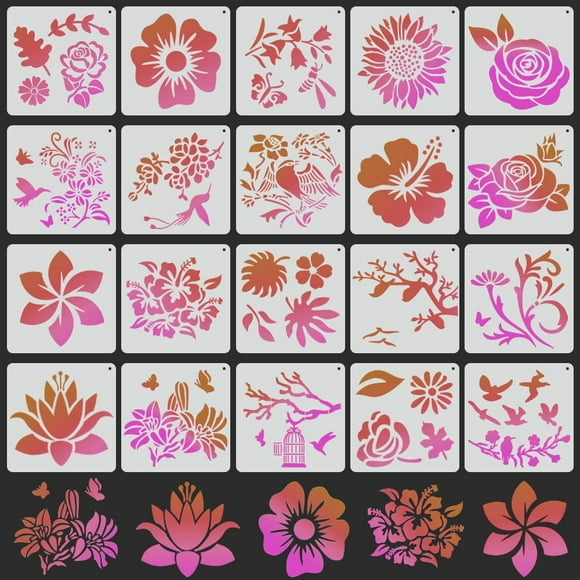 Flower Bird Stencils for Painting - Set of 20, Hollowed Out Drawing Board for Crafts, Walls, and More - Reusable and Versatile