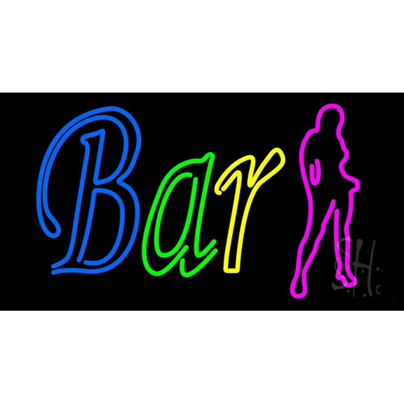 Double Stroke Bar With Girl LED Neon Sign 13 x 24 - inches, Clear Edge Cut Acrylic Backing, with Dimmer - Bright and Premium built indoor LED Neon Sign for Bar decor.