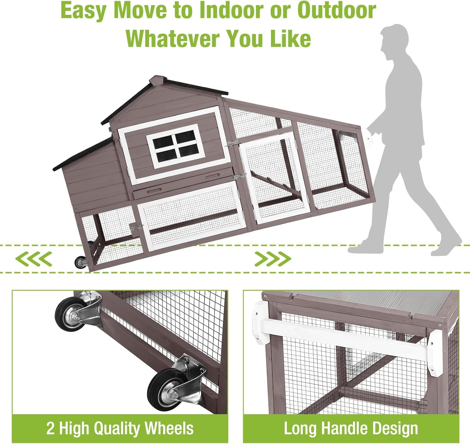 Chicken Coop Mobile Chicken House On Wheel Outdoor Rabbit Hutch for 2-4 Chickens 67"(Brown)