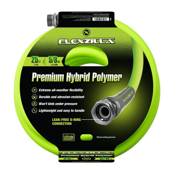 Flexzilla Garden Hose, 5/8" x 25', 3/4" - 11 1/2 GHT Fittings, Flexible Hybrid Polymer, ZillaGreen