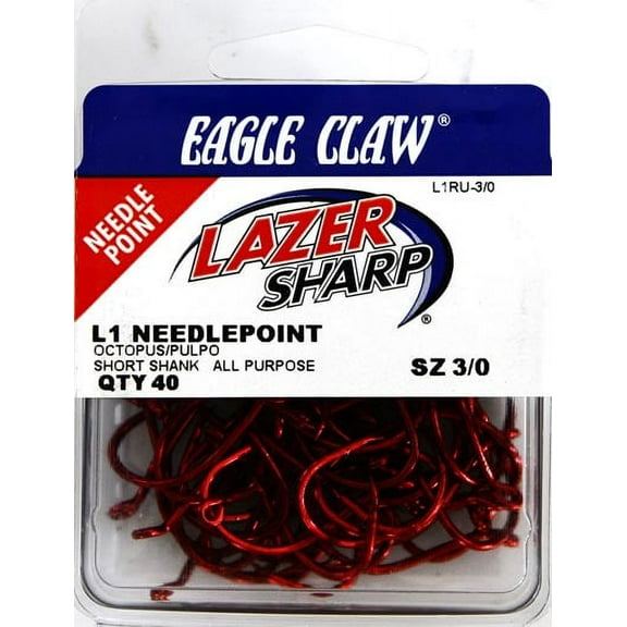 Lazer Sharp L1RUH-3/0 Octopus Short Shank Hook, Red, Size 3/0, 40 Pack