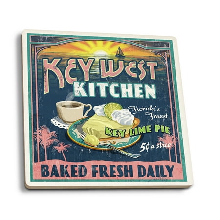 Key West, Florida - Key Lime Pie Vintage Sign - Lantern Press Artwork (Set of 4 Ceramic Coasters - Cork-backed,