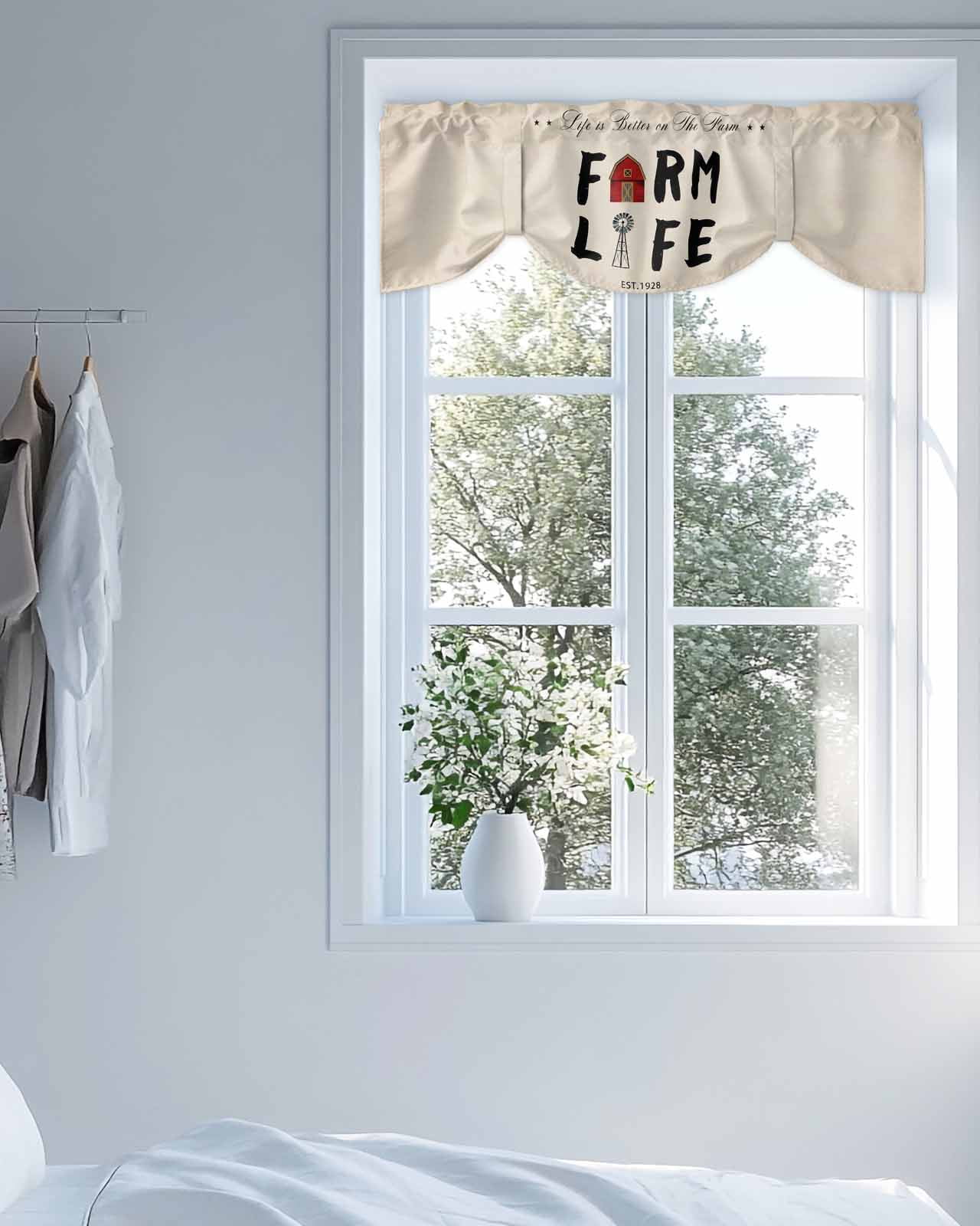 Farm Life Tie Up Valances Curtain, Adjustable Kitchen Barn Cow Chicken Pig Farmhouse Valances for Windows Decor, Rod Pocket Short Curtains Set for Bedroom/Bathroom, 60"x18"