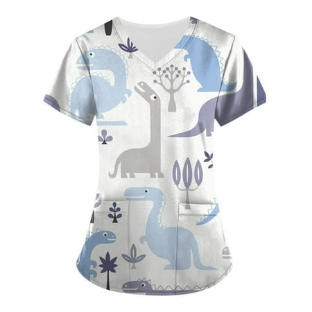 

BallsFHK Women s Printing Short Sleeve V-neck Tops Working Uniform Pocket Blouse Scrub Tops Women