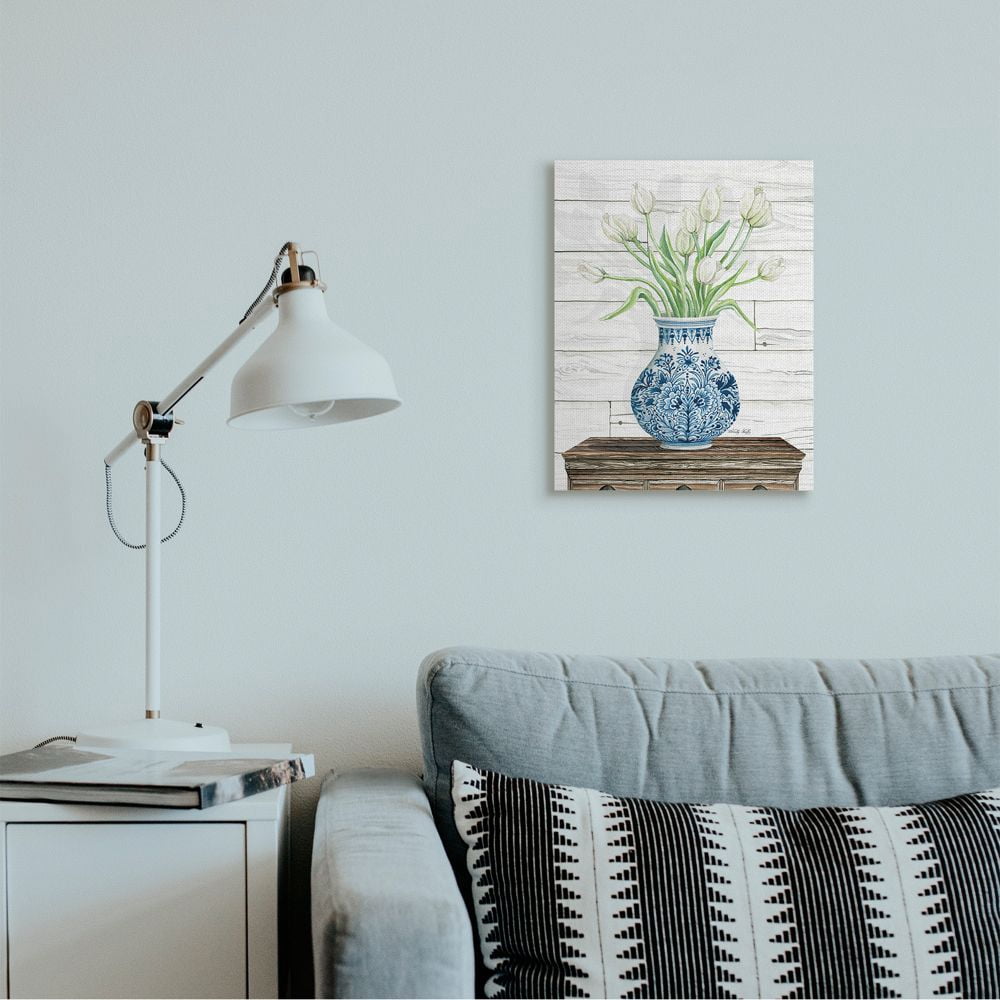 Stupell Industries Tulip Bouquet in Blue Ceramic Vase White Floral Design Canvas Wall Art Design by Cindy Jacobs, 16" x 20"