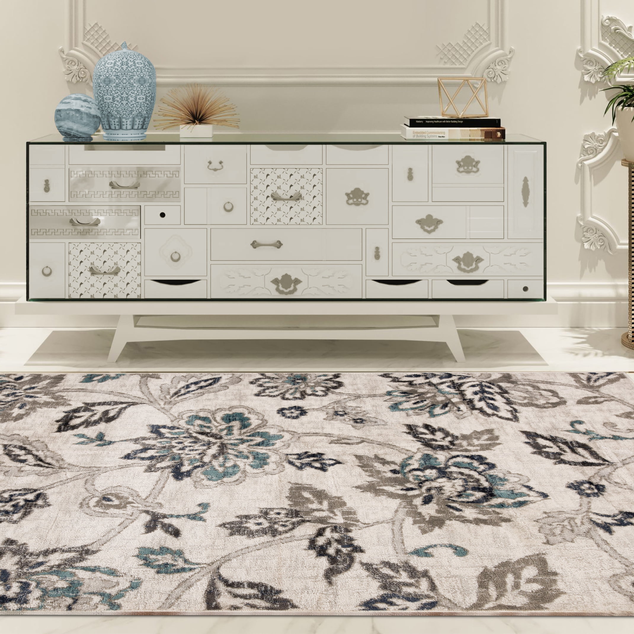 Floral Botanical Jacobean Area Rug, 8' x 10', Deep Royal