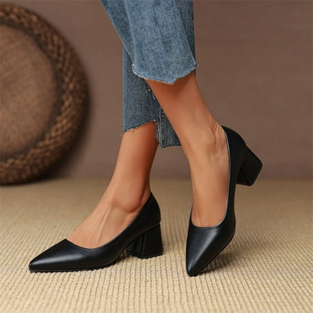 

FZM Womens Shoes Loafers Women Shoes Ladies Fashion Solid Color Leather Pumps Pointed Toe Thick High Heel Casual Shoes Black US Size 8.5