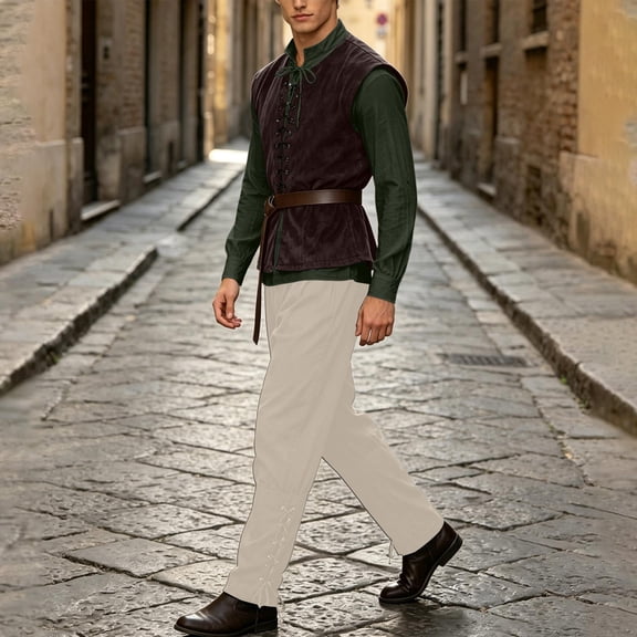 JOANKDMI 4 Piece Mens Medieval Renaissance Role Play Costume Lace Up Vest Jacket Long Sleeve Shirt and Straight Leg Loose Fit Pants with Matching Belt Halloween Pirate Outfit Set
