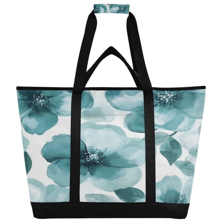 Large Hand-held Ice Pack Picnic Bag Insulation and Refrigeration Suitable for Shopping Picnics and Camping Cartoon Turquoise Flowers Seamless