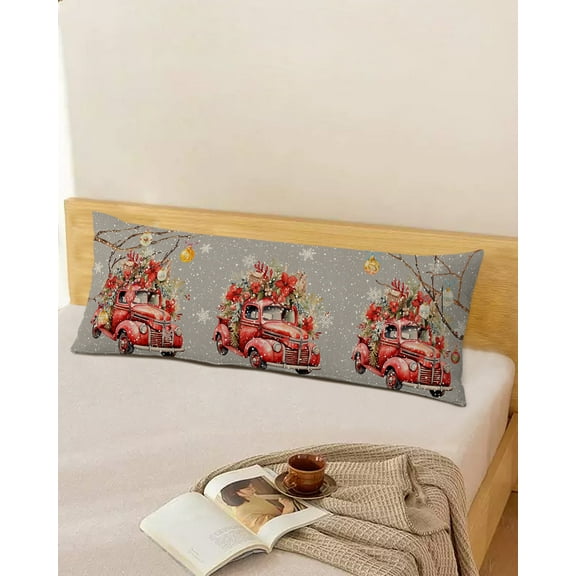 Christmas Truck Poinsettia Throw Pillow Cover,Xmas Berry Winter Snowflakes Grey Rectangle Decorative Pillow Case Protector Soft Cushion Cover Lumbar Pillowcase for Couch Sofa Bedroom Decor 20x54 Inch