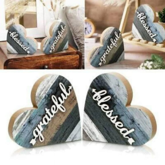 2Pcs Rustic Wood Home Sign Farmhouse Love Wooden Heart Shaped Table Decoration