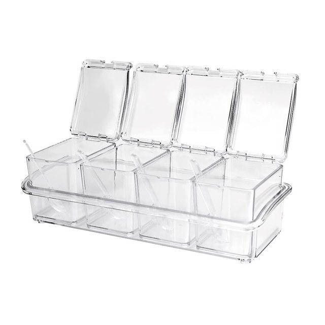 Caja de condimentos transparente de 4 piezas, juego de caja de condimentos de acrílico, recipiente de almacenamiento de condimentos transparente