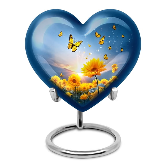 Yatskia Sunflower with Butterflies Small Cremation Urns for Human Ashes Adult Male and Female, Mini Memorial Urn for Ashes Adult, (Heart Pack of 1, 3 Inch)