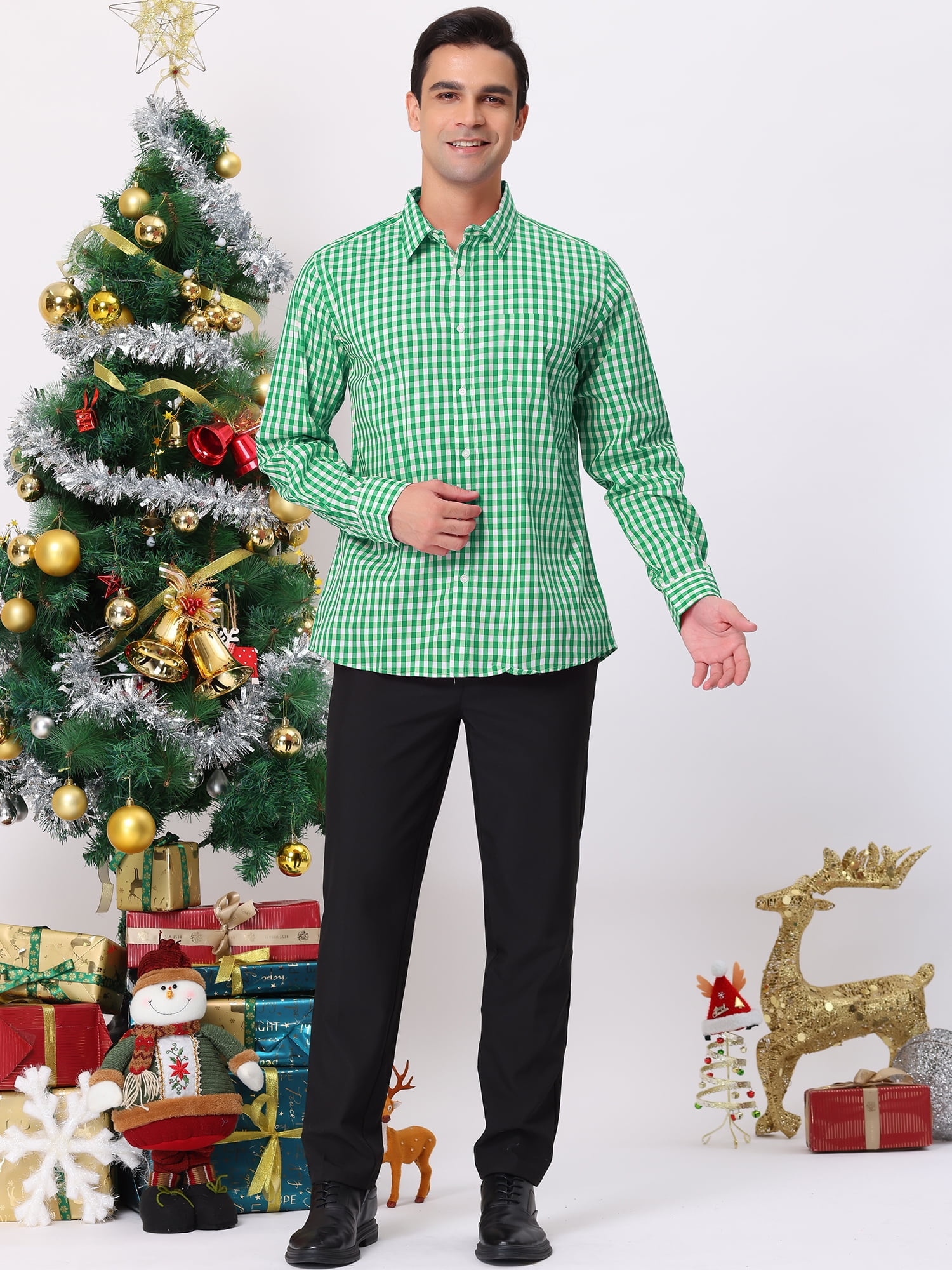 Unique Bargains Men's Plaid Button Down Long Sleeves Dress Checkered Shirts 2XL Green White