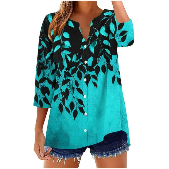 SnZhen 3/4 Sleeve Tops for Women Fashion Printed Casual Loose V-Neck Button Comfortable Versatile Bloues