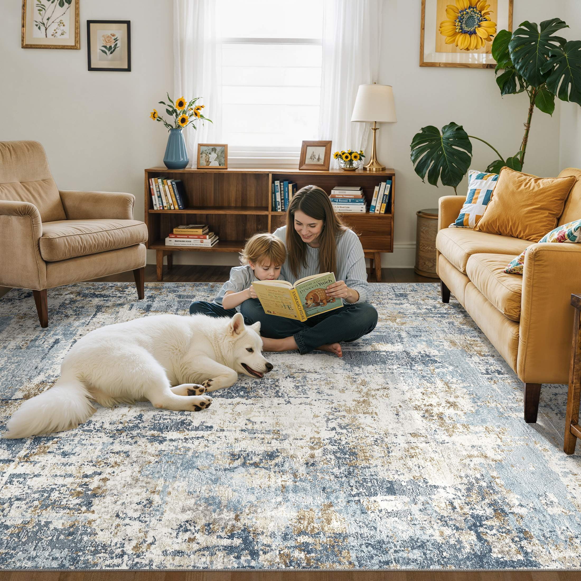 UERMEI 12'x15' Large Area Rugs for Living Room, Washable Non Slip Indoor Rug for Bedroom Home Decor Carpets, Modern Abstract Printed Carpet, Blue