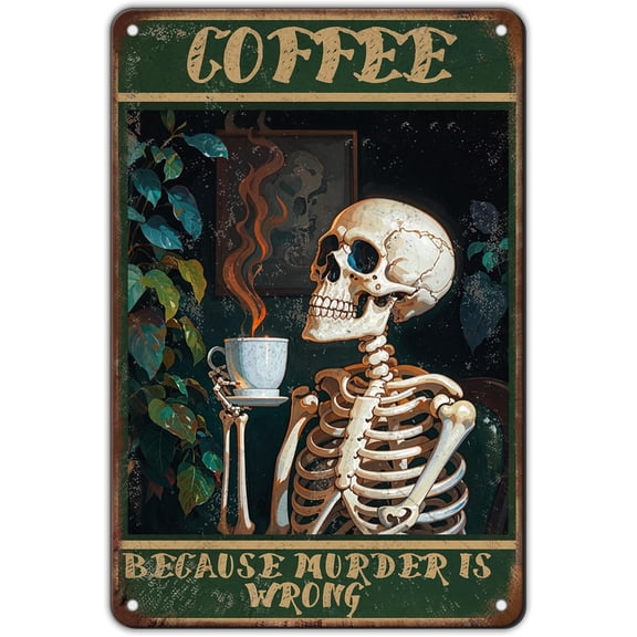 Vintage Coffee Skull Metal Tin Sign, Skeleton Wall Decor Poster for Home or Restaurant, 12 x 8 Inch