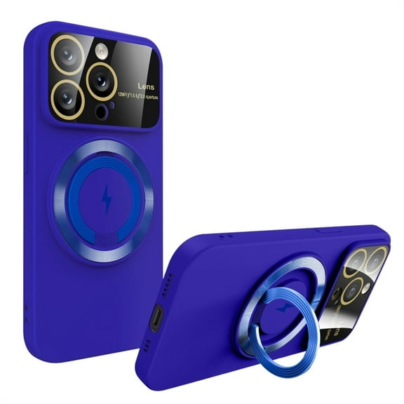 For Apple iPhone 15 6.1 inch Camera Cover Magnetic Ring Stand Magsafe Wireless Charging Shockproof Hybrid Case Cover Blue