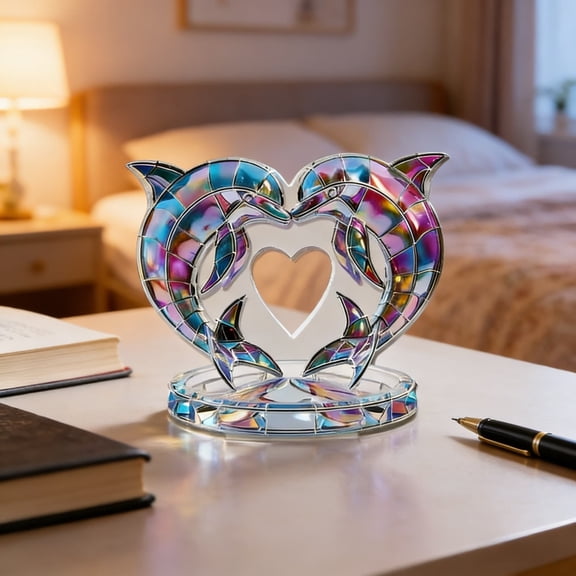 Stained Glass Heart Acrylic Table Decor Dolphin Heart Shape Colorful Light Catching Scratch Resistant Acrylic for Home Office Living Room Bedroom Wedding Anniversary Valentine's Decor Holiday Gifts