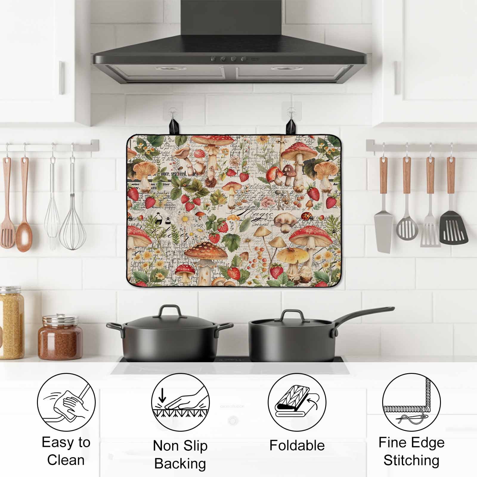 Mushroom Stove Top Cover for Electric Stove, Heat-proof & Non Slip Glass Top Stove Cover Protector, Pastoral Summer Botanical Watercolor Spring Floral Kitchen Flat Cooktop Rubber Mat 28.5x20.5 Inches
