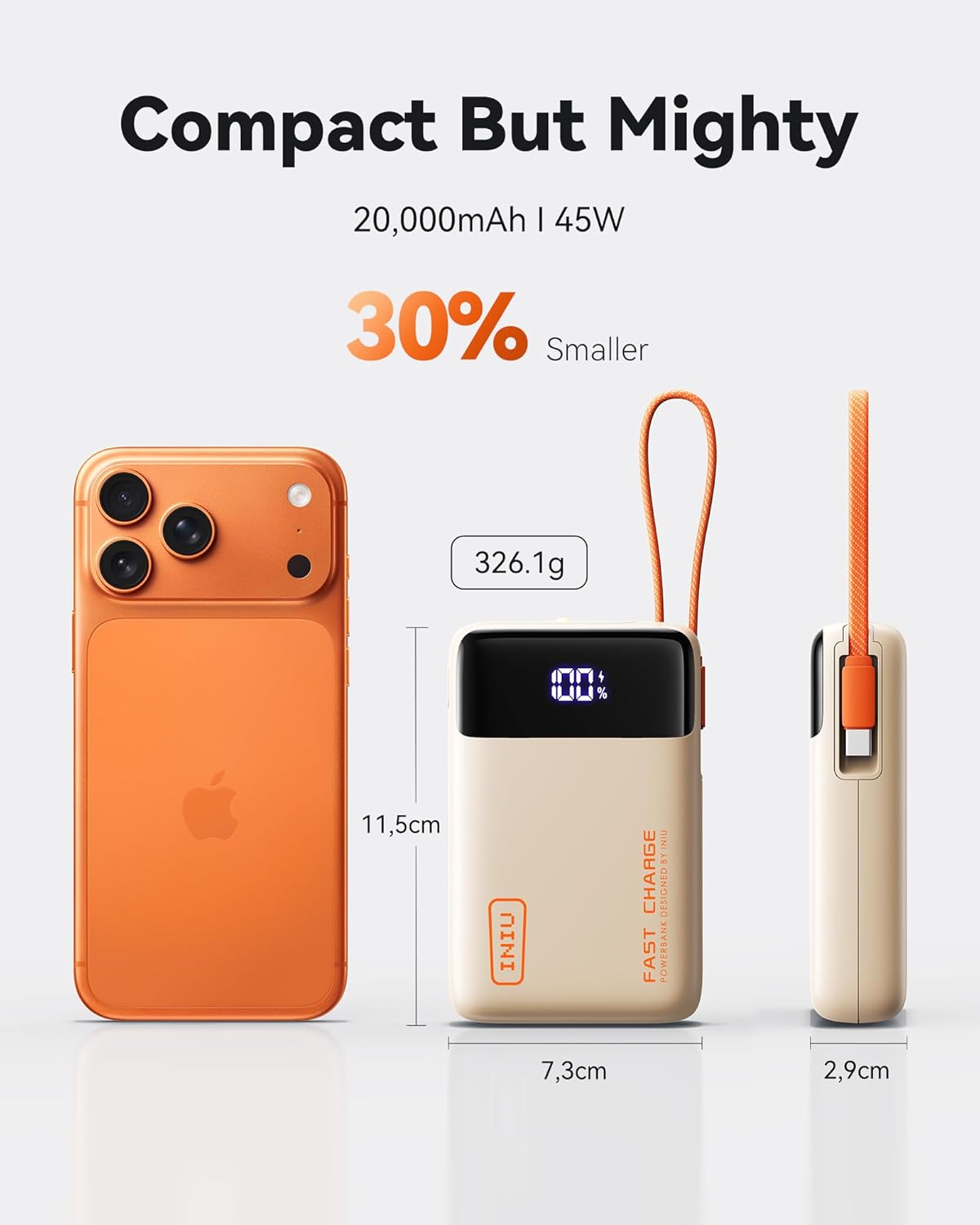 INIU 20000mAh Power Bank 45W with Built-In USB-C Cable photo 2