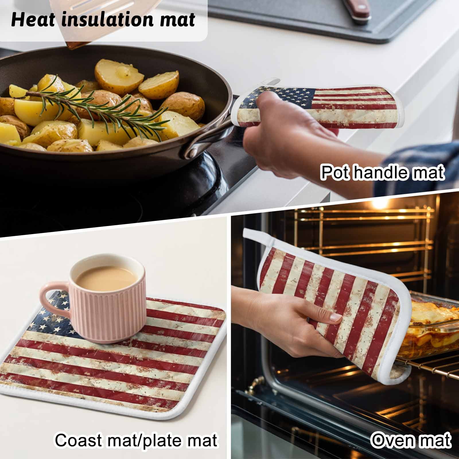 American Flag Pot Holders for Kitchen Heatproof Potholder, 4 Pack Vintage Blue Red USA Flag Retro Hot Pads Multipurpose Oven Pads Cloth Potholders Trivet for Cooking and Baking