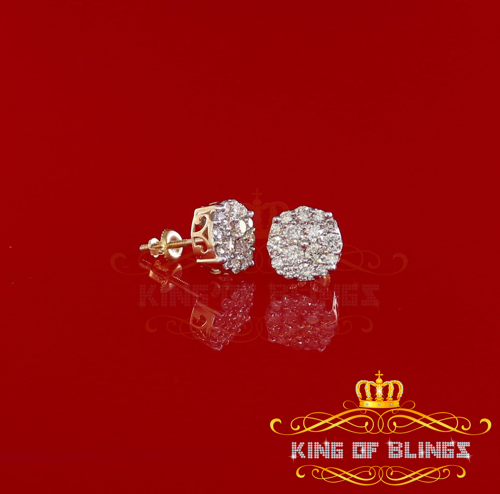 King of Bling's 10K Real Yellow Gold with 1.25CT Real Diamond Men's/Women's Stud Round Earrings