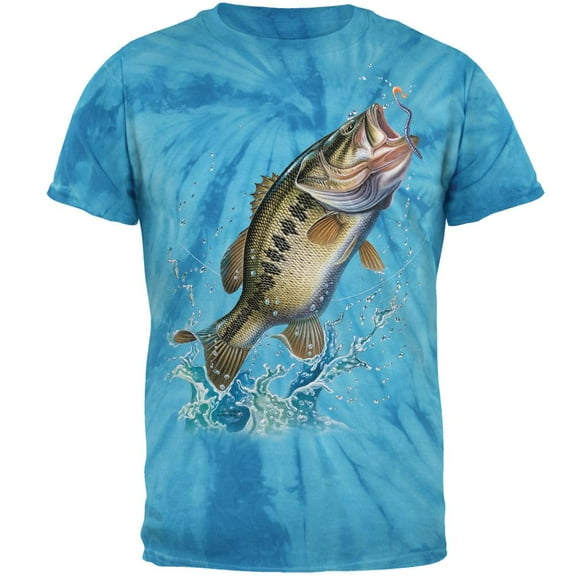 Bass Leaping in Action Mens T Shirt Pinwheel Blue Tie Dye X-LG