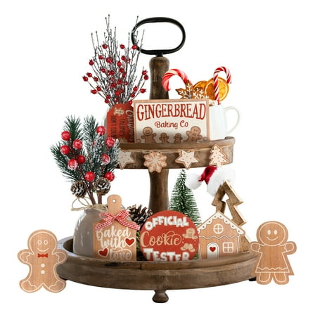 12 Pieces Christmas Tiered Tray Decor Winter Table Wooden Sign Decorations