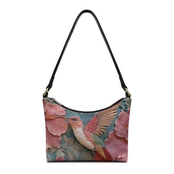 Kuiaobaty Hummingbird Print Underarm Shoulder Bag for Women, Hibiscus Print Small Leather Hobo Tote Purse with Smooth Zipper, Vintage Lightweight Shoulder Purse for Travel & Work, Blue