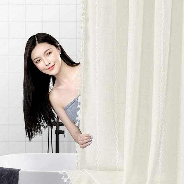 Rideau de Douche Style Ferme Bohème, Ensemble de Rideau de Douche en Tissu Rayé en Lin Robuste avec Pompon, Hydrofuge, Rideau de Douche en Tissu Style Bohème Vintage Campagnard