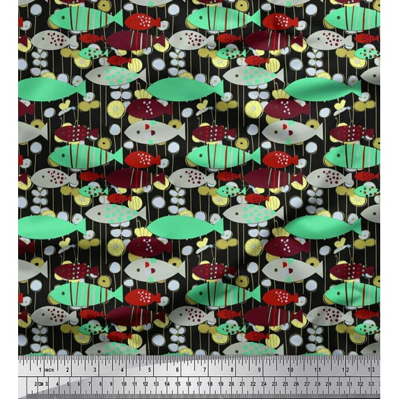 Soimoi Rayon Crepe Fabric Fish Cartoon Print Fabric by The Yard 46 Inch Wide