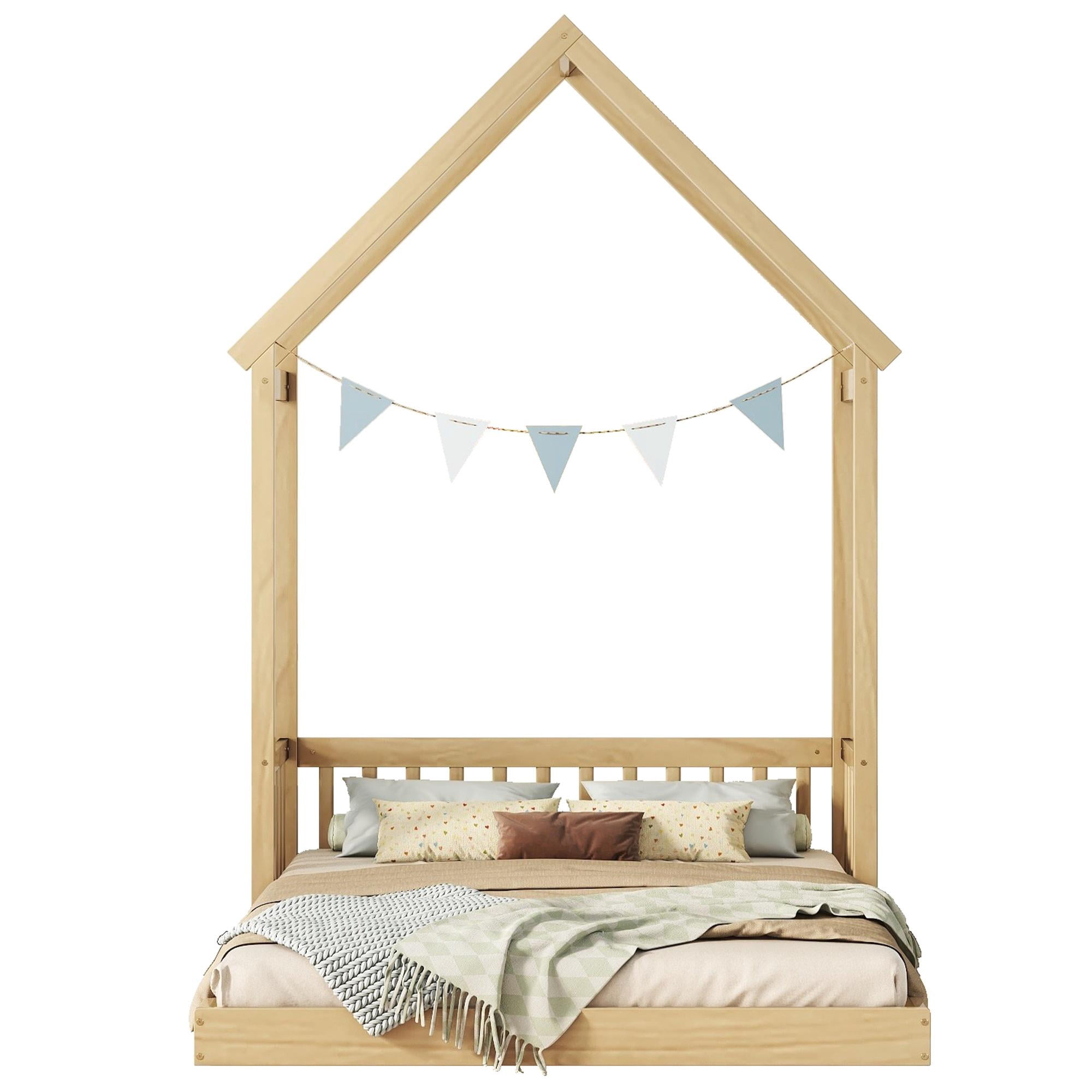 PORKISS Full Size Floor Bed for Kids, Wood Montessori Bed with House-shaped Roof, Natural