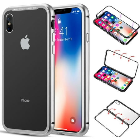 iPhone X/Xs Case, Nakedcellphone MAGNETIC Snap-On Aluminum Cover with Transparent Rear 9H Hard TEMPERED GLASS Clear Protector for Apple iPhone Xs (2018), iPhone X (2017), (aka iPhone