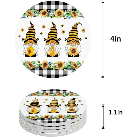 

ZHANZZK Summer Sunflower and Gnome Bees Black White Plaid Set of 6 Round Coaster for Drinks Absorbent Ceramic Stone Coasters Cup Mat with Cork Base for Home Kitchen Room Coffee Table Bar Decor