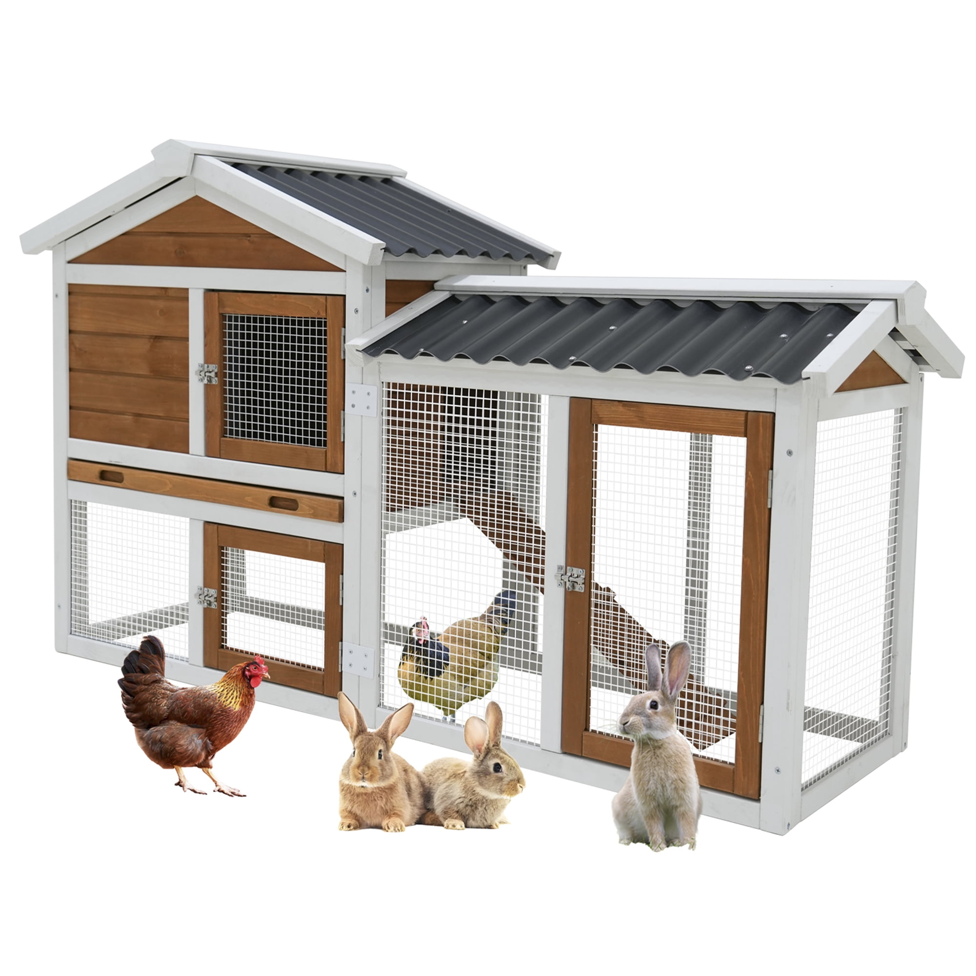 JERFIT 58 Inch Large Wooden Rabbit Hutch with Waterproof Roof, Outdoor Bunny Cage with Ramp & Pull-Out Tray for Rabbits, Guinea Pigs, Small Pets