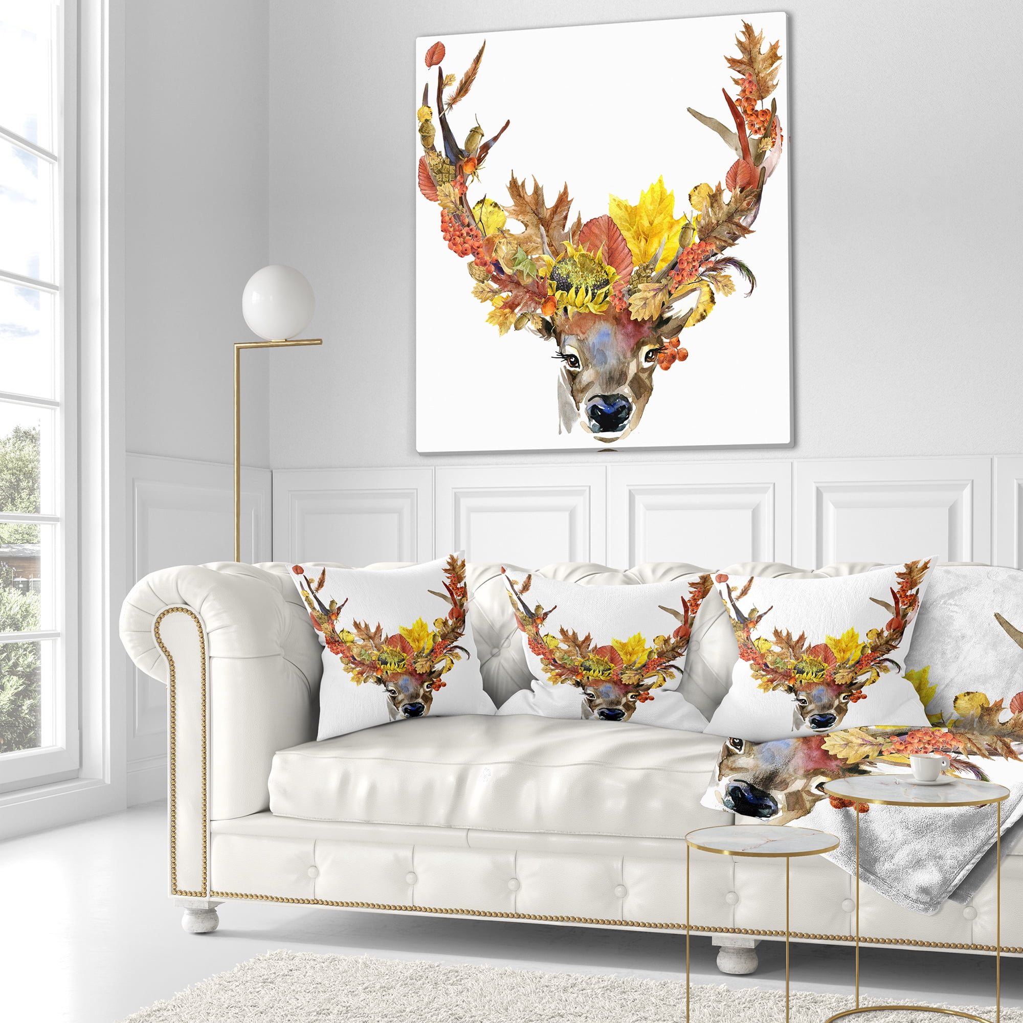 Designart Roe Deer with Flowers - Floral Throw Pillow - 18x18