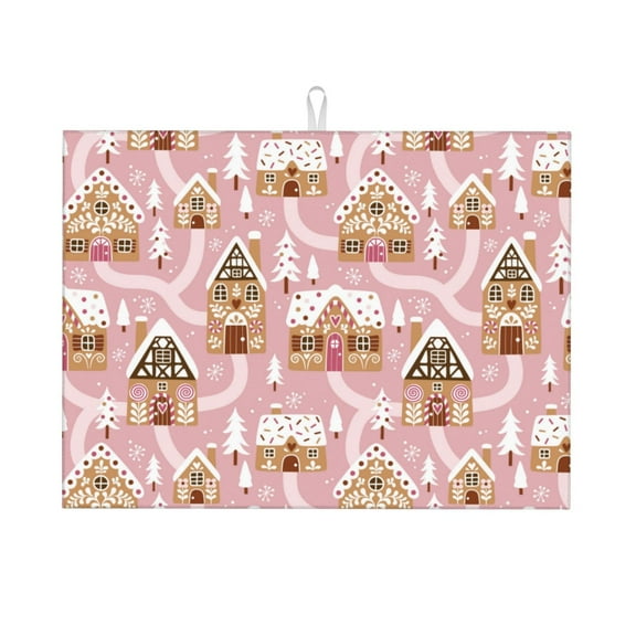 Sigee Gingerbread Houses Pink Wonderland for Dish Drying Mat for Kitchen Counter,Premium Kitchen Drying Mat 18" x 24"Dish Drying Pad