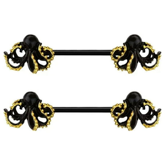 BodyJewelryOnline 14GA Kraken Octopus Nipple Barbell Straight Rings PVD Black Understated Men Women
