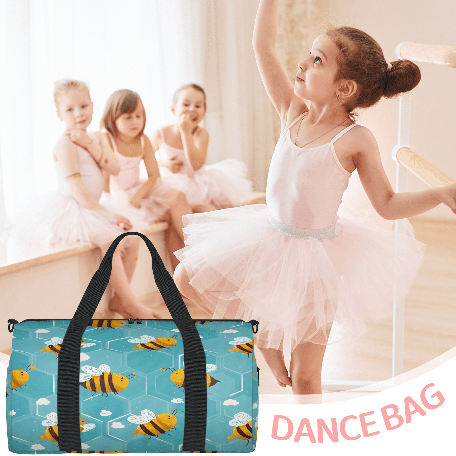 Herdesigns Cute Bee Gym Bag for Women, Duffle Bag for Travel Sport, Lightweight Waterproof Carry on Weekender Dance Yoga Workout Bags