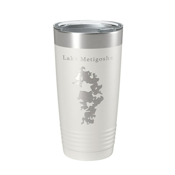 Lake Metigoshe Map Tumbler Travel Mug Insulated Laser Engraved Coffee Cup North Dakota 20 oz White
