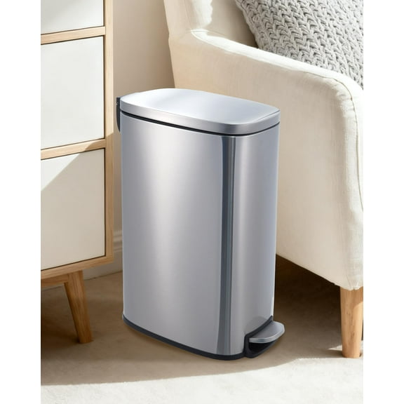13 Gallon Slim Kitchen Trash Can Narrow Stainless Steel Garbage Bin with Removable Inner Bucket & Quiet Soft Close Lid for Bathroom, Office, Kitchen, Silver