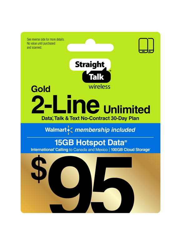 Straight Talk $95 Gold 2-Line Unlimited 30-Day Prepaid Plan, 15GB Hotspot Data, 100GB Cloud Storage & Int'l Calling e-PIN Top Up (Email Delivery)
