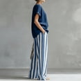 thumbnail image 4 of Textilo Outfits 2 Piece for Women Cotton Linen Striped T-Shirts Pants Outfits Short Sleeve Wide Leg Sets Travel Summer Vacation Loose-Fit Walking Tracksuit,Navy 2XL, 4 of 5