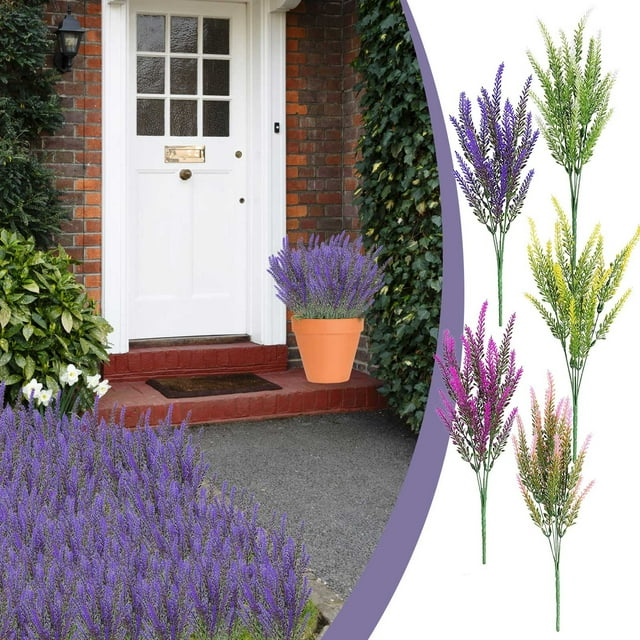 Paquete de 10 flores artificiales de lavanda, plantas de plástico de 15", tallos florales falsos para bodas, hogar, jardín, decoración de oficinas, uso interior y exterior, arreglos de ramos morados