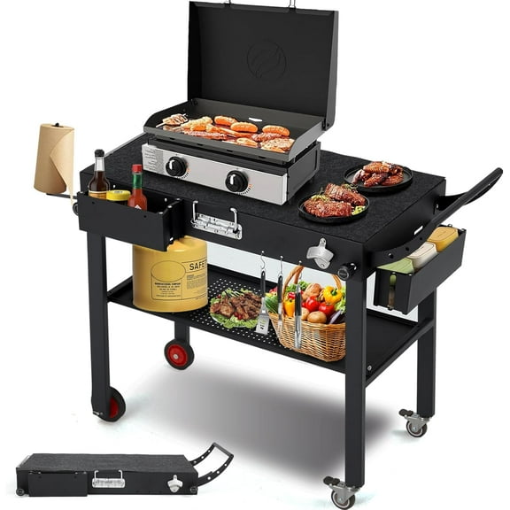 YODOLLA Outdoor Grill Cart, Portable Grill Table for Outside, Griddle Stand Foldable Grill Tables Movable BBQ Prep Table with Wheels