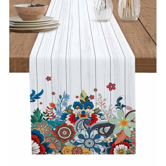 Boho Flowers Table Runner 48 Inches, Bohemian Abstract Floral Vintage Wood Plank Bed Runner Dresser Scarves Tabletop for Indoor Outdoor Parties/Ceremony/Banquet, 13" x 48"